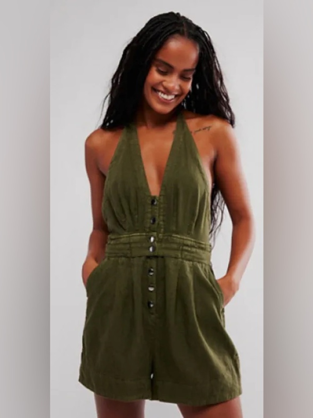 Free People City’s Edge Romper Dried Basil